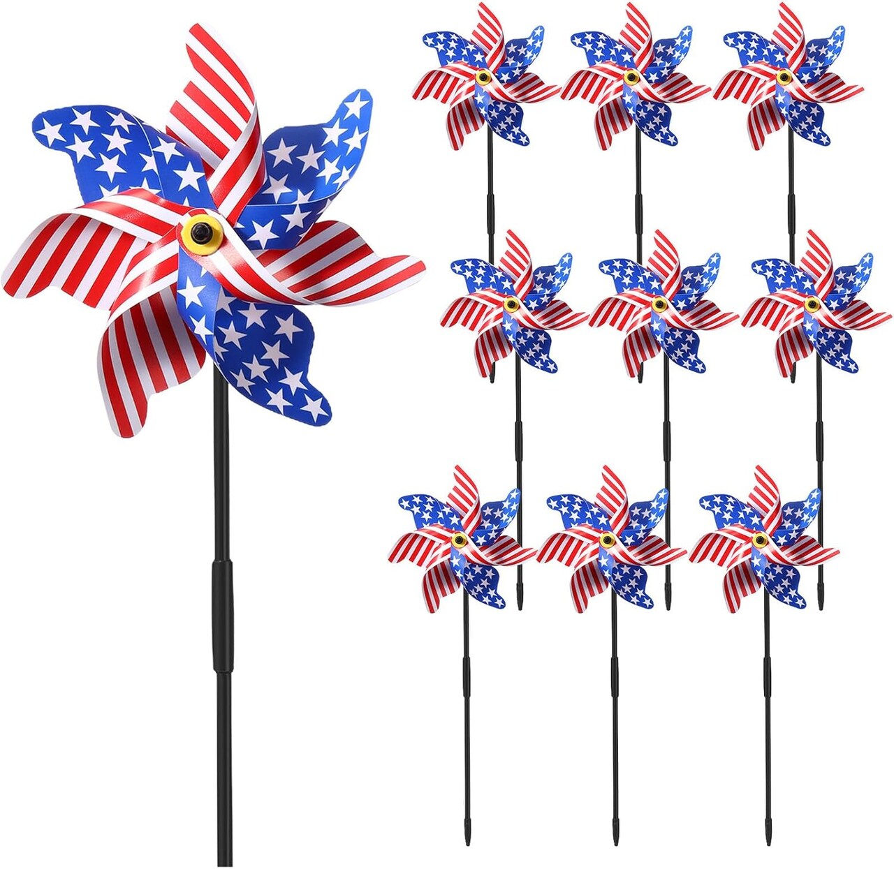 12 Pcs 22" H 4th of July Pinwheels Patriotic American Flag Pinwheels Red Blue White Stars Stripes Wind Spinner